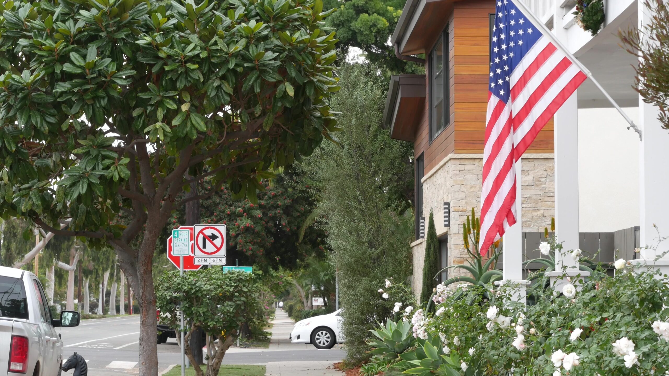 Suburban Neighborhood Street with American Flag Display – Kings Beach Residential Peaceful suburban street lined with trees and flowers, featuring an American flag outside a modern home in a well-kept neighborhood – Kings Beach Residential